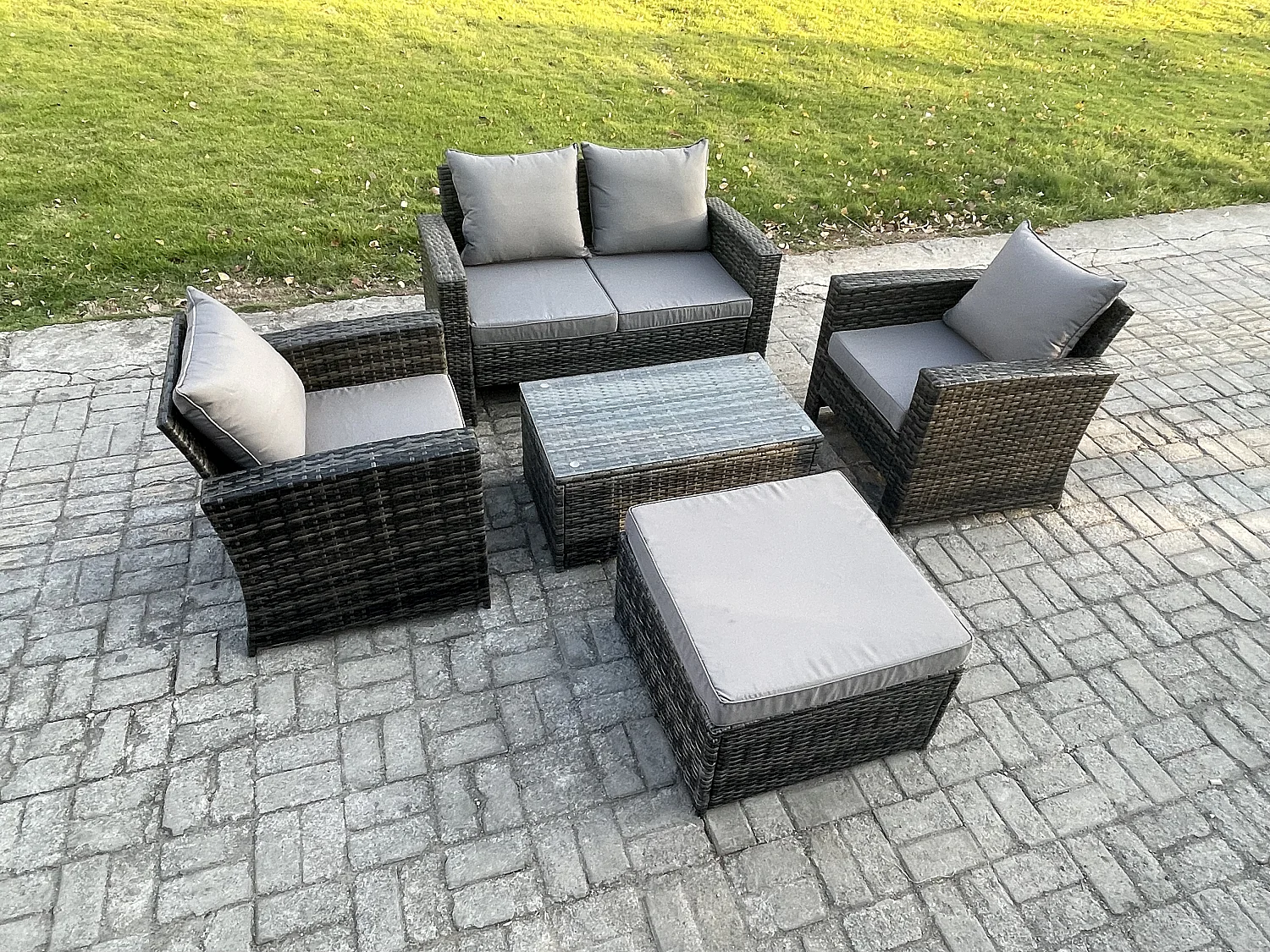 Garten Lounge Set Polyrattan Gartenmöbel Set mit Rechteckig Couchtisch Doppelsitz-Sofa Großer Fußhocker Dunkelgrau Gemischt