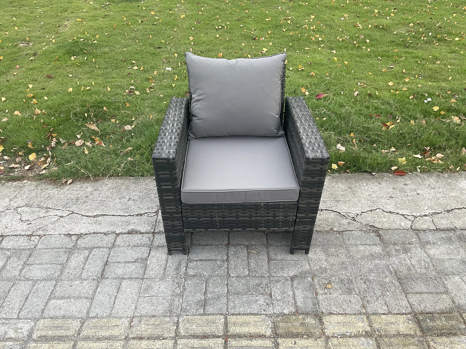 Fimous Outdoor Lounge Sofa Set Wicker PE Rattan Garden Furniture Set with Rectangular Coffee Table Double Seat Sofa Big Footstool Dark Grey Mixed