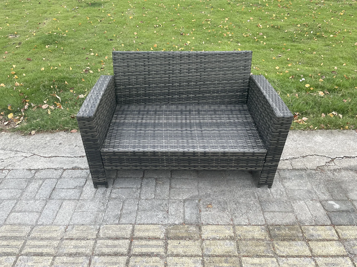 Fimous Outdoor Lounge Sofa Set Wicker PE Rattan Garden Furniture Set with Rectangular Coffee Table Double Seat Sofa Big Footstool Dark Grey Mixed