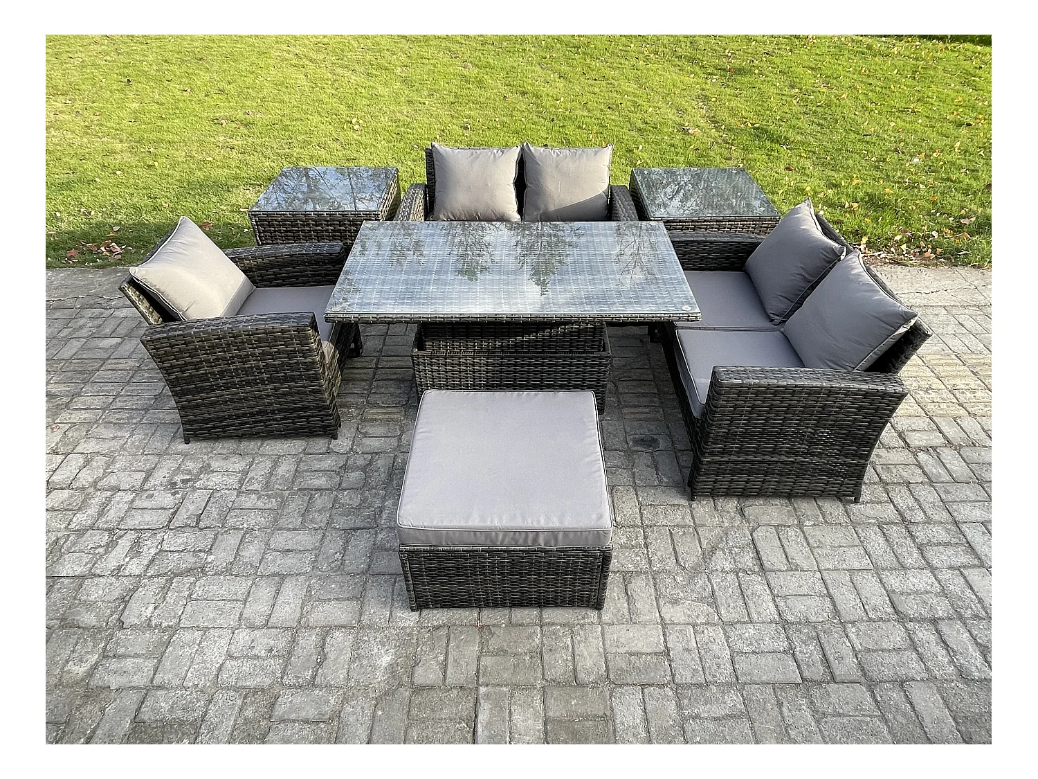 7pcs Rattan Gartenmöbel im Freien Set Einstellbare Höhe Esstisch Sofa Set mit 2 Beistelltische Großer Fußhocker Dunkelgrau Gemischt