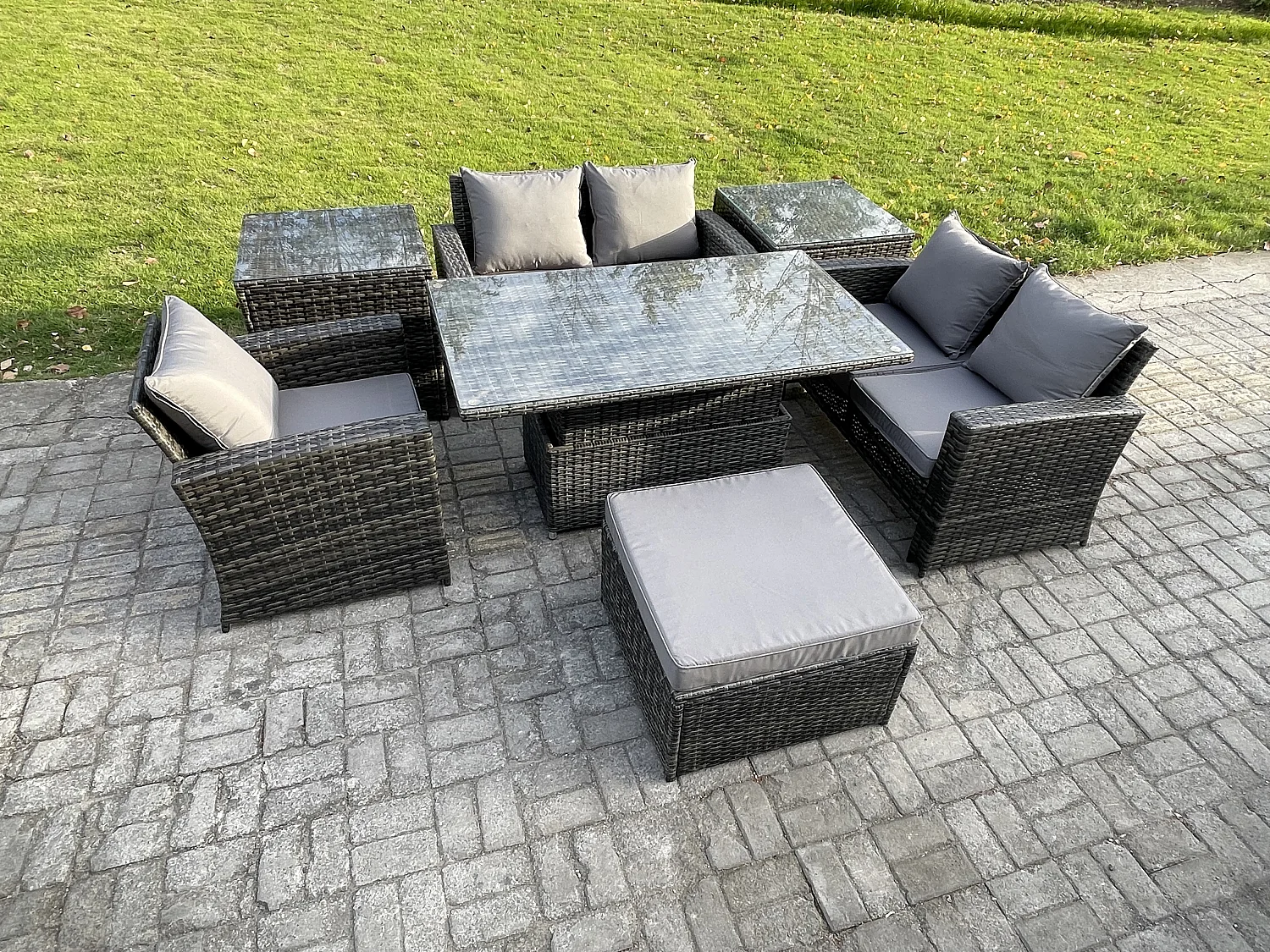 7pcs Rattan Gartenmöbel im Freien Set Einstellbare Höhe Esstisch Sofa Set mit 2 Beistelltische Großer Fußhocker Dunkelgrau Gemischt