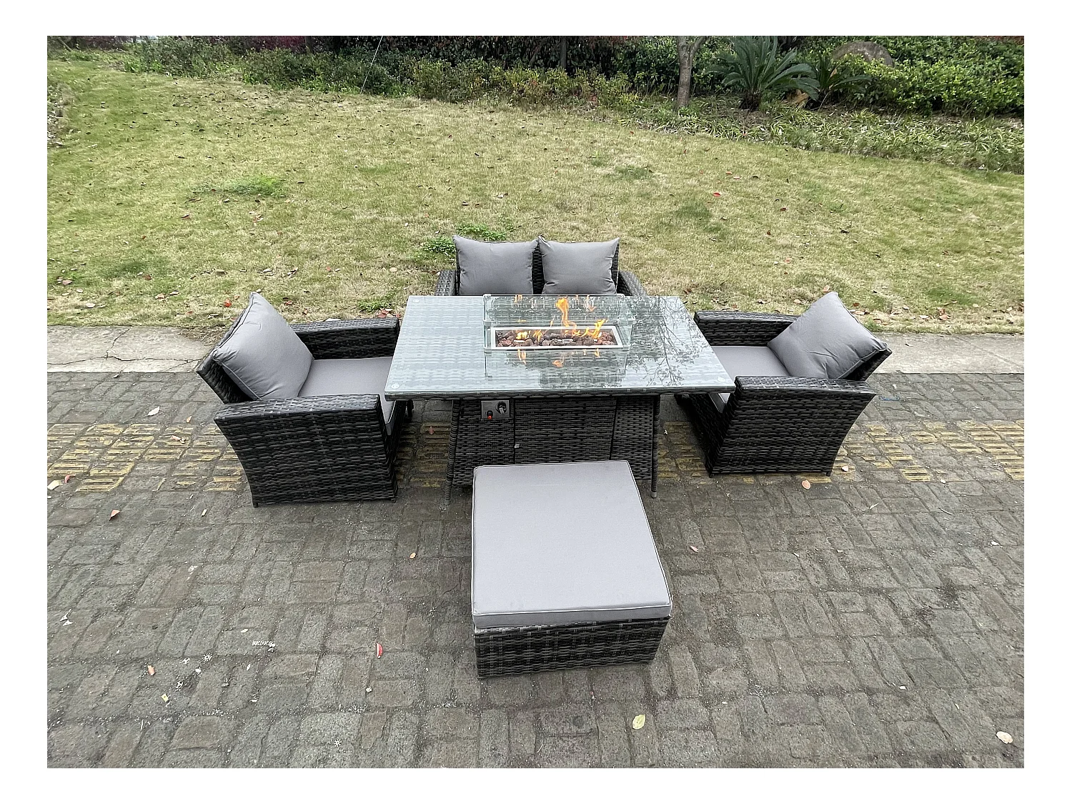 Ensemble de meubles de jardin en rotin ave Table de foyer à gaz Fauteuil Canapé d'amour 5 Places