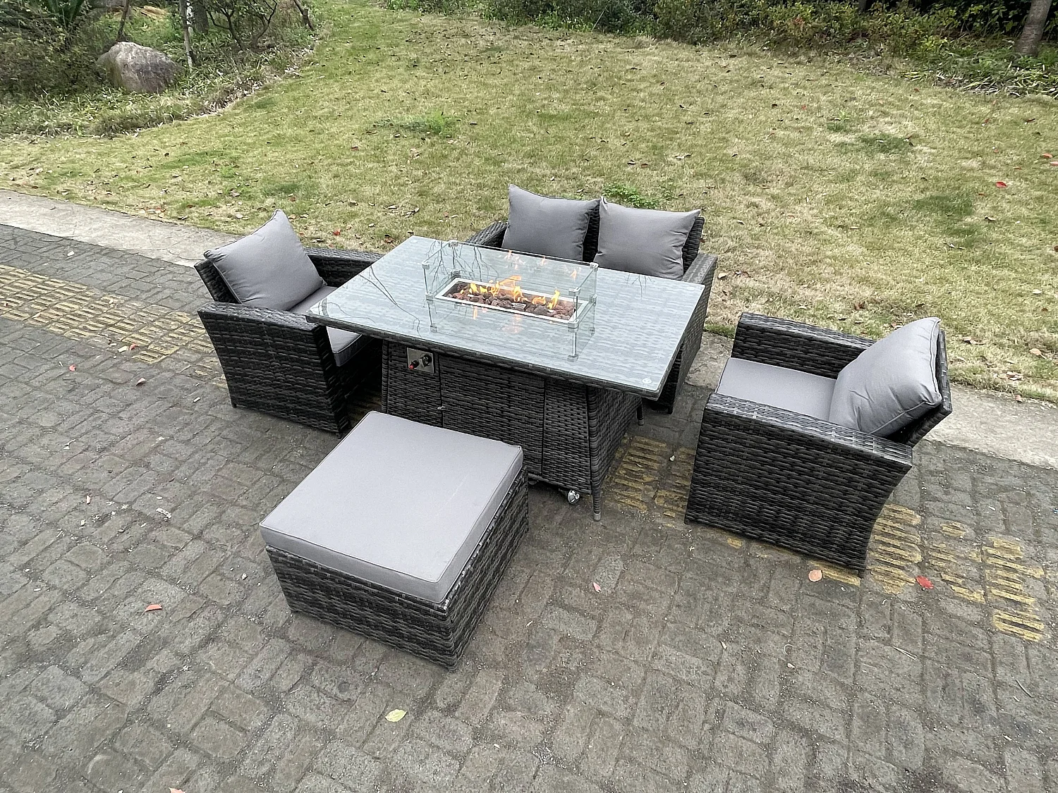 Ensemble de meubles de jardin en rotin ave Table de foyer à gaz Fauteuil Canapé d'amour 5 Places