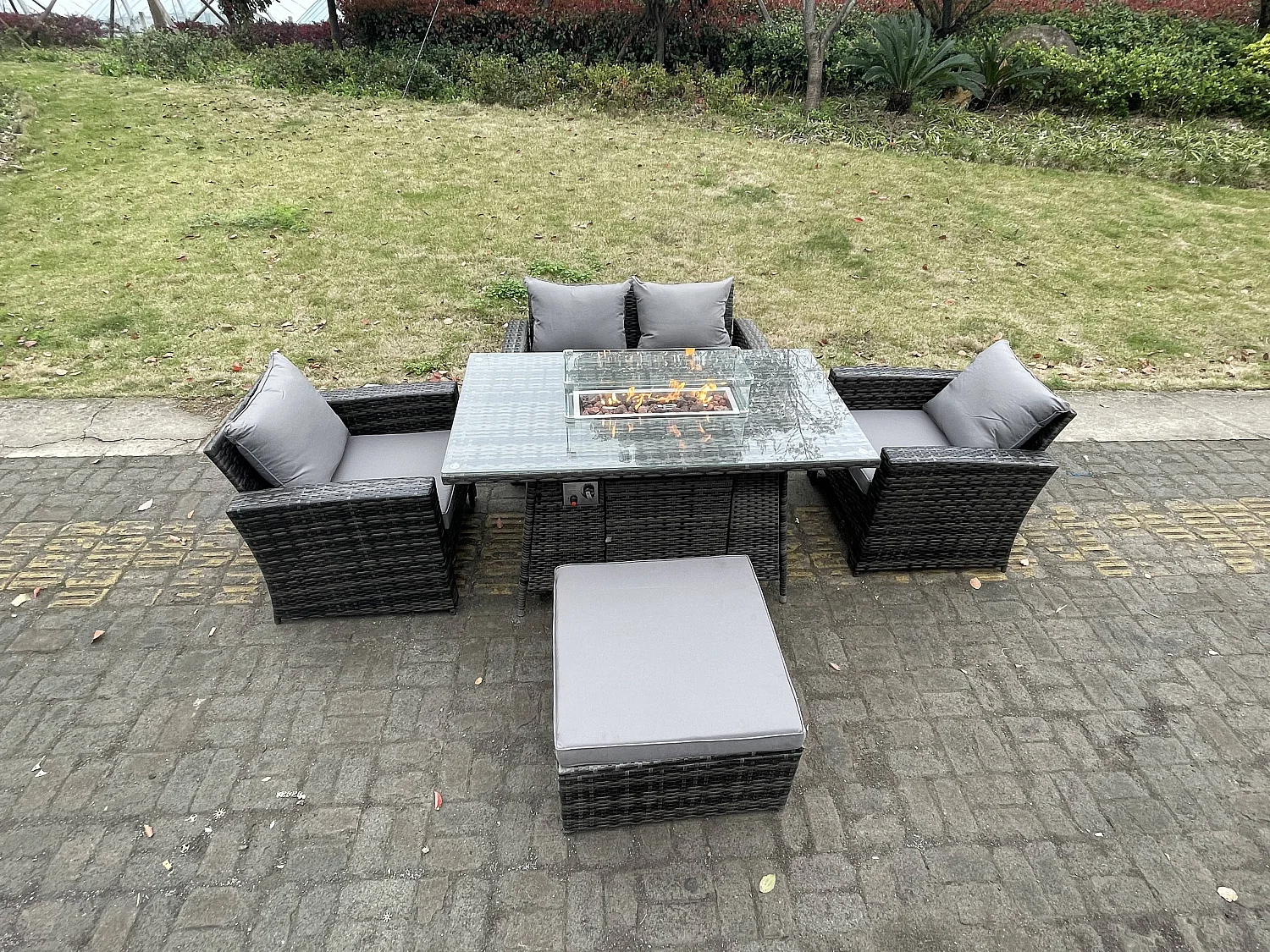 Ensemble de meubles de jardin en rotin ave Table de foyer à gaz Fauteuil Canapé d'amour 5 Places