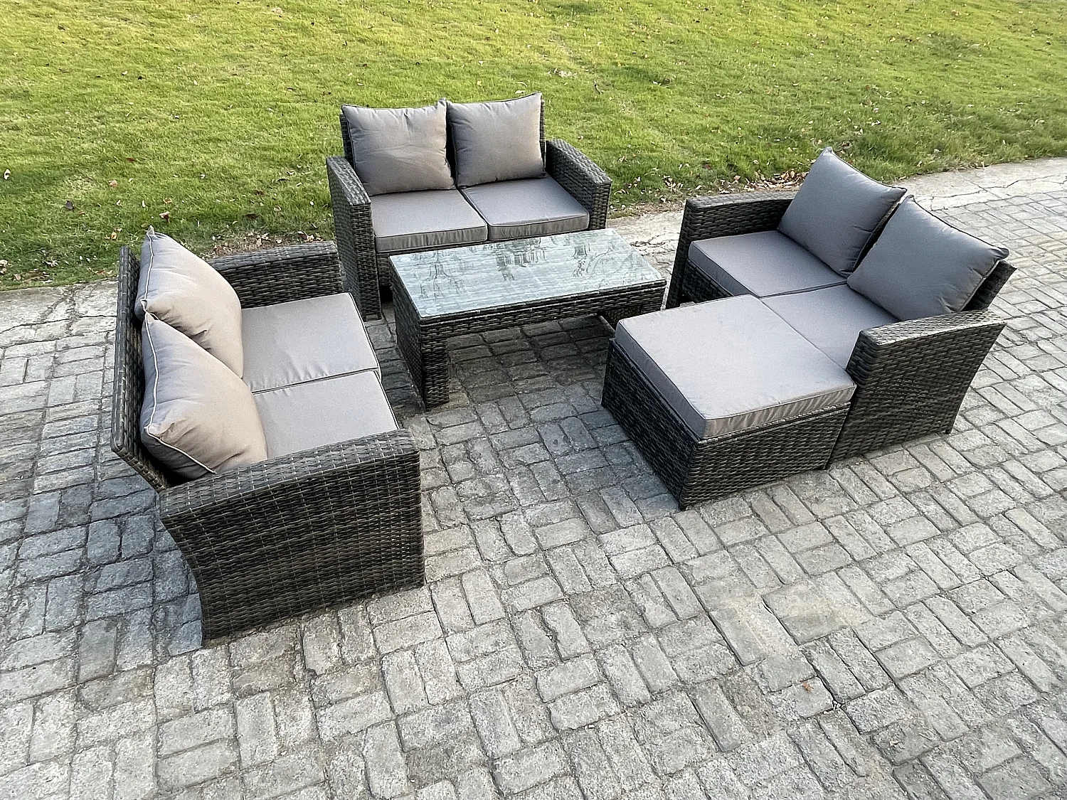 7-Sitzer Rattan Gartenmöbel Sitzgruppe mit Couchtisch Double-Sitzer Sofa Großer Fußhocker