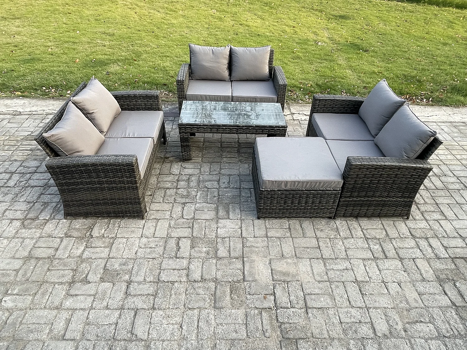 7 Places Ensemble de meubles de jardin en rotin ave Table basse Canapé deux places Grand Tabouret