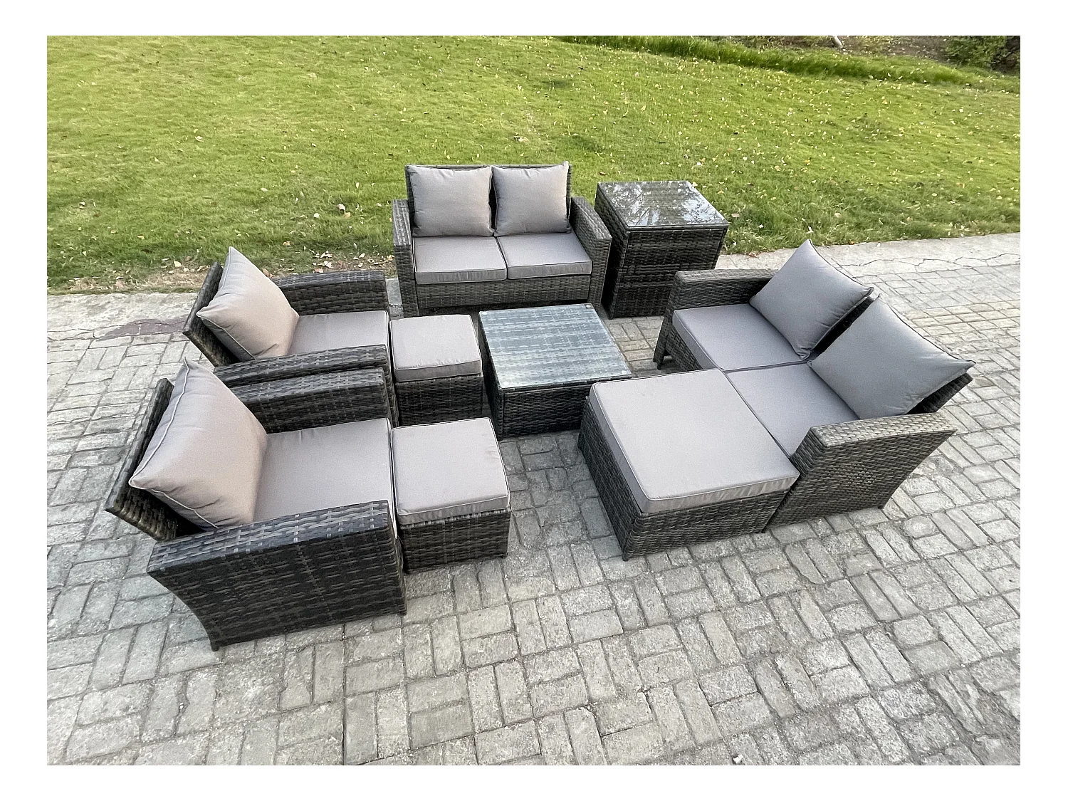 Gartenmöbel-Set im Freien 9 Stücke Polyrattan Möbel Sitzgruppe mit 3 Hocker Beistelltische Dunkelgrau Gemischt