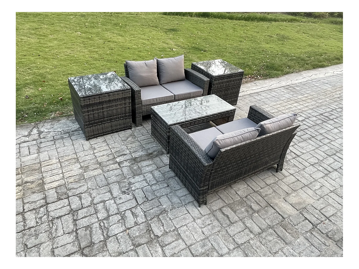 Hoher Rücken Rattan Gartenmöbel Sets mit Rechteckig Couchtisch 2 Beistelltische Dunkelgrau Gemischt