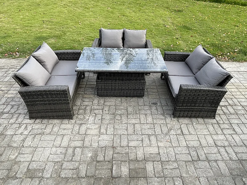 6-Sitzer Rattan Gartenmöbel Sitzgruppe mit Einstellbare Höhe Esstisch Doppelsitz-Sofa