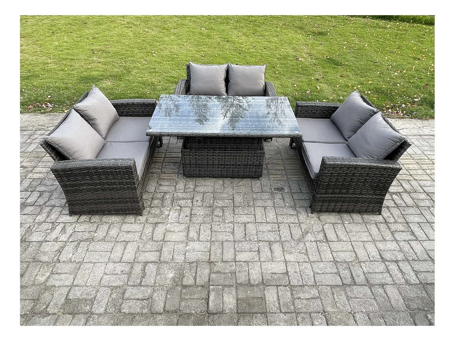 6-Sitzer Rattan Gartenmöbel Sitzgruppe mit Einstellbare Höhe Esstisch Doppelsitz-Sofa