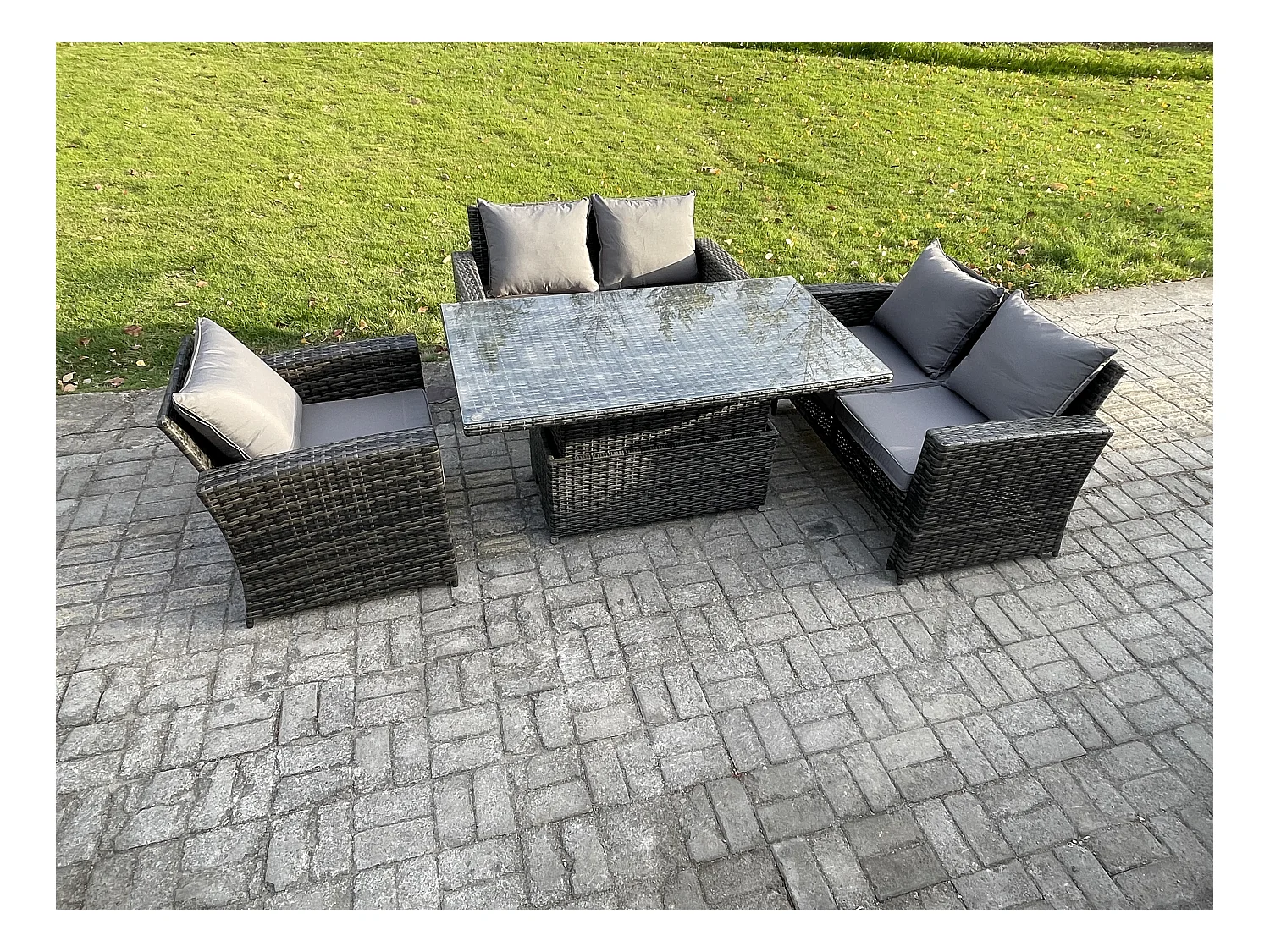 4pcs Rattan Gartenmöbel im Freien Sofa Set Einstellbare Höhe Esstisch Dunkelgrau Gemischt