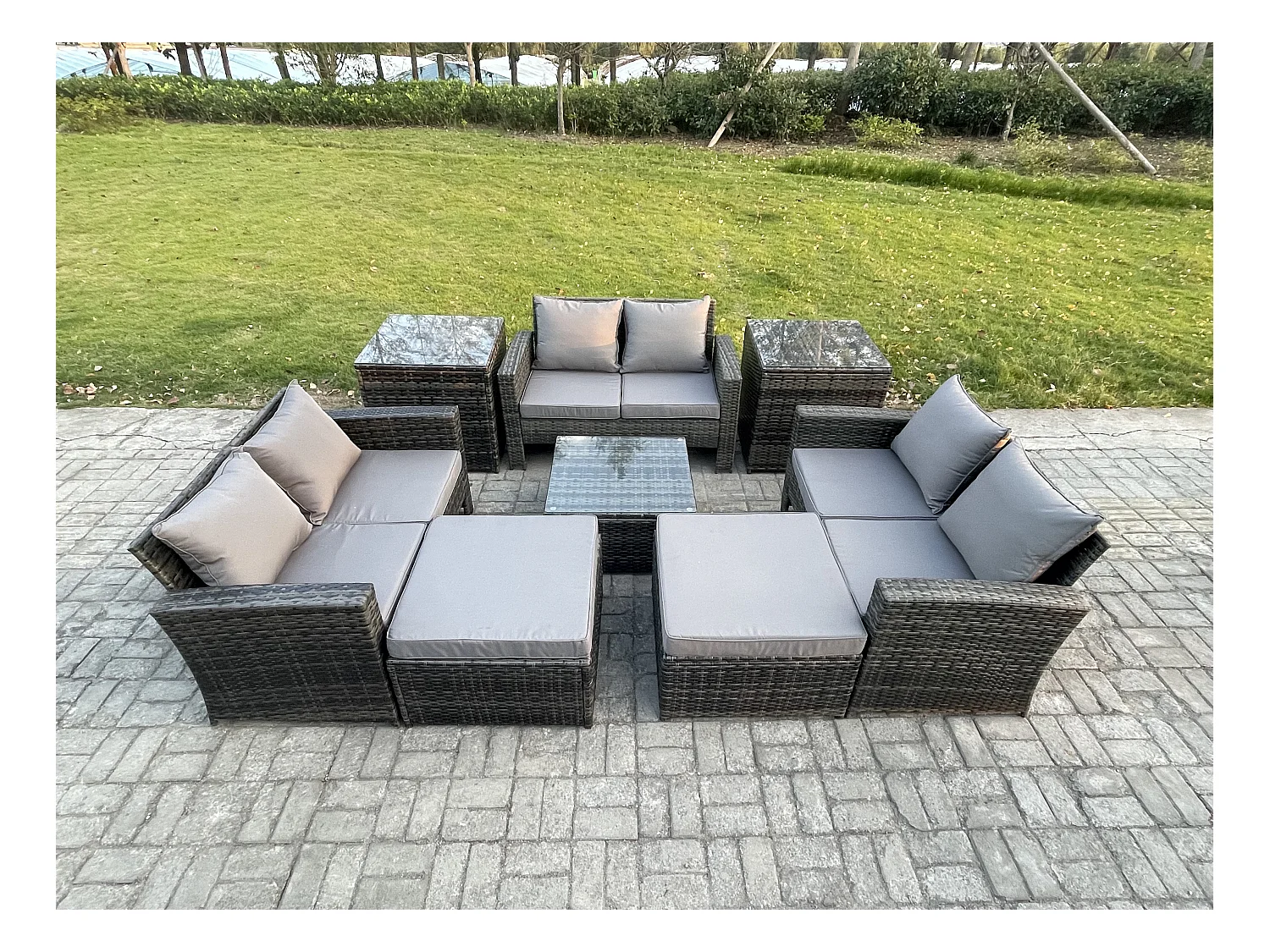 Garten Lounge Set Polyrattan Gartenmöbel Set mit Quadratisch Couchtisch Doppelsitz-Sofa 2 Großer Fußhocker 2 Beistelltische Dunkelgrau Gemischt