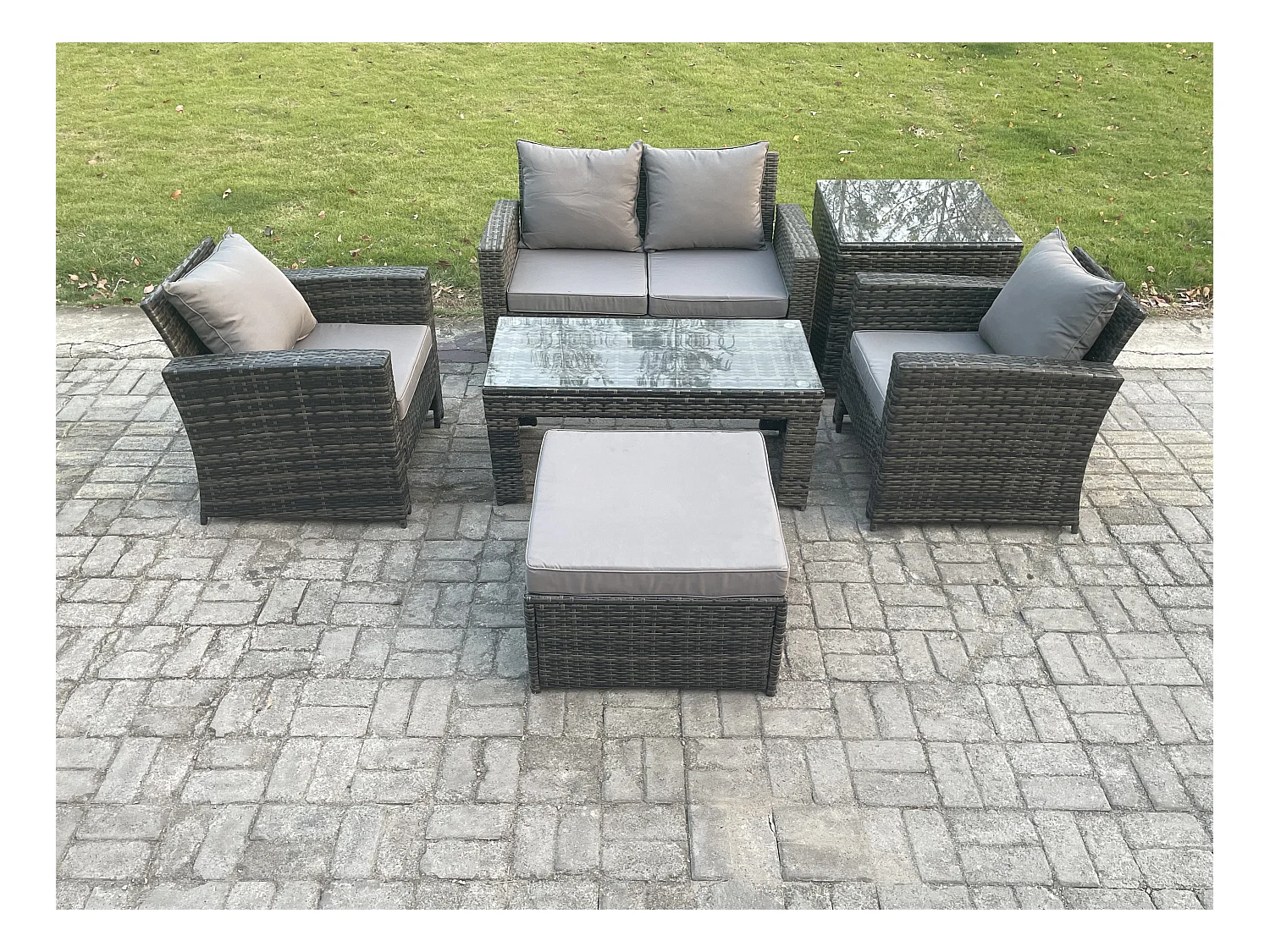 5-Sitzer Polyrattan Gartenmöbel Set Garten Sofa Set mit Couchtisch Großer Fußhocker Beistelltische Dunkelgrau Gemischt