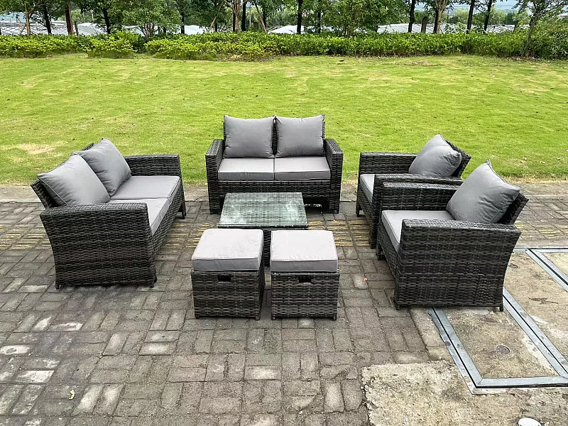 8-Sitzer Dunkelgrau Gemischt Hoher Rücken Rattan Sofa Set mit Quadratisch Couchtisch Gartenmöbel 2-Sitzer Sofa Sessel Hocker