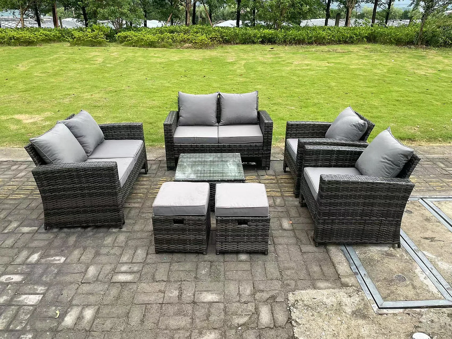 8-Sitzer Dunkelgrau Gemischt Hoher Rücken Rattan Sofa Set mit Quadratisch Couchtisch Gartenmöbel 2-Sitzer Sofa Sessel Hocker
