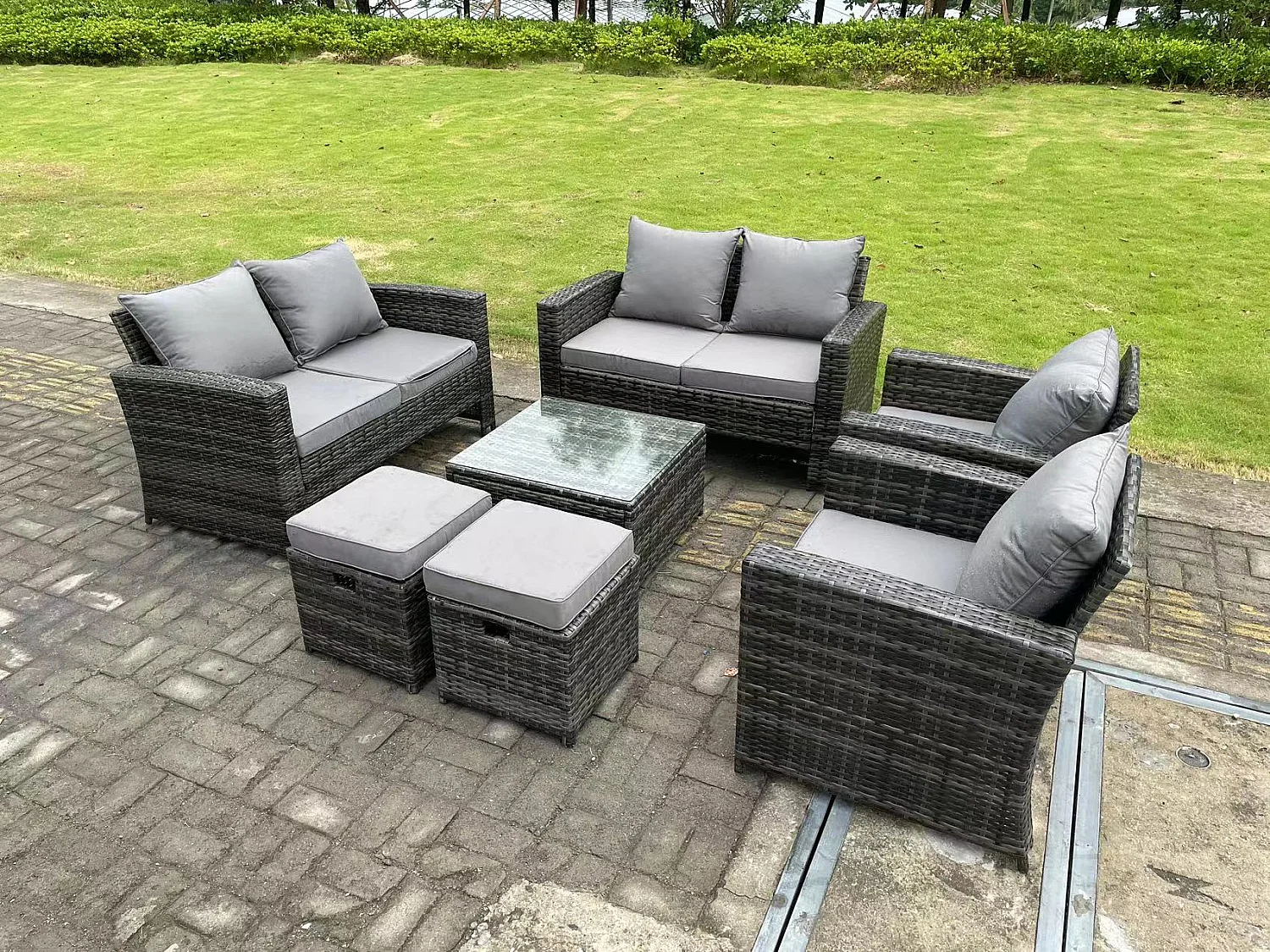 8-Sitzer Dunkelgrau Gemischt Hoher Rücken Rattan Sofa Set mit Quadratisch Couchtisch Gartenmöbel 2-Sitzer Sofa Sessel Hocker
