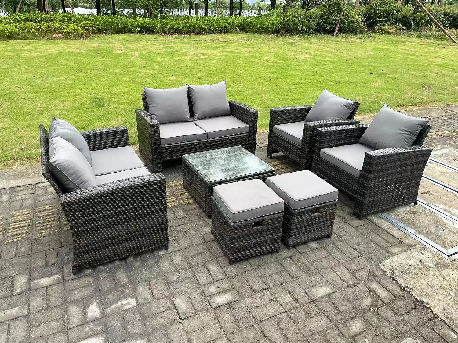 8-Sitzer Dunkelgrau Gemischt Hoher Rücken Rattan Sofa Set mit Quadratisch Couchtisch Gartenmöbel 2-Sitzer Sofa Sessel Hocker