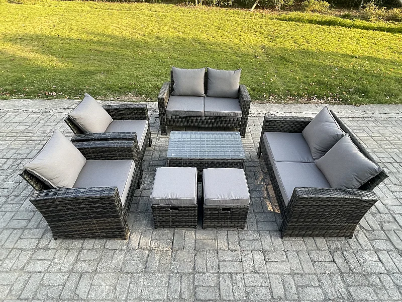 Gartenmöbel Set 7 Stücke Rattanmöbel für draußen Gartensofa Stuhl set mit Couchtisch 2 Kleiner Fußhocker Dunkelgrau Gemischt