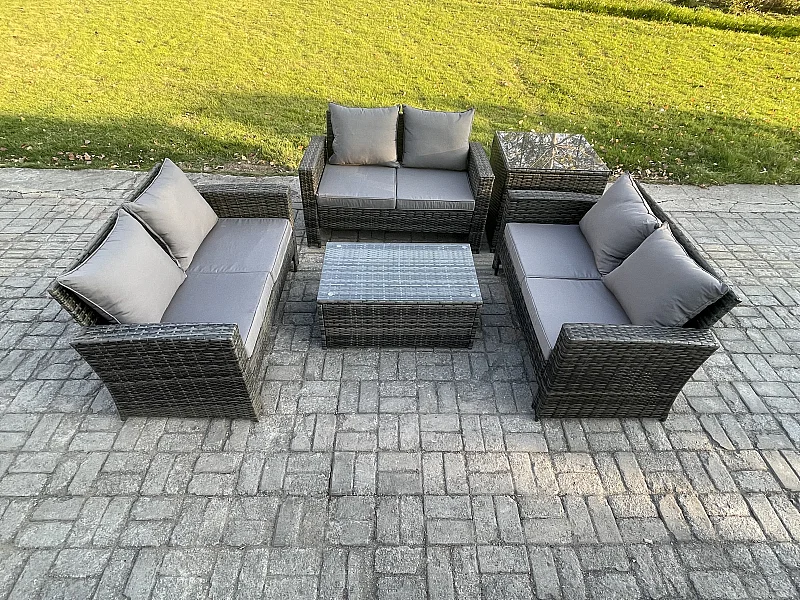 Dunkelgrau 6-Sitzer Rattan Gartenmöbel Set im Freien Patio Liebes-Sofa Rechteckig Couchtisch Set mit Beistelltische