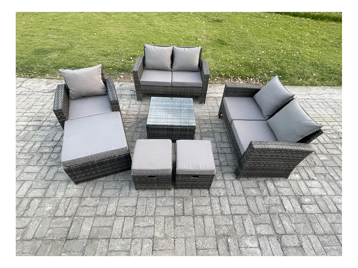 8-Sitzer Polyrattan Gartenmöbel Set Im Freien Sitzgruppe Couchtisch Set mit Stuhl 3 Hocker Dunkelgrau Gemischt