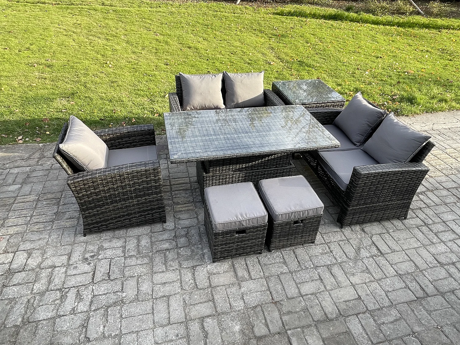 7pcs Ensemble de meubles de jardin en rotin ave Table à manger réglable en hauteur