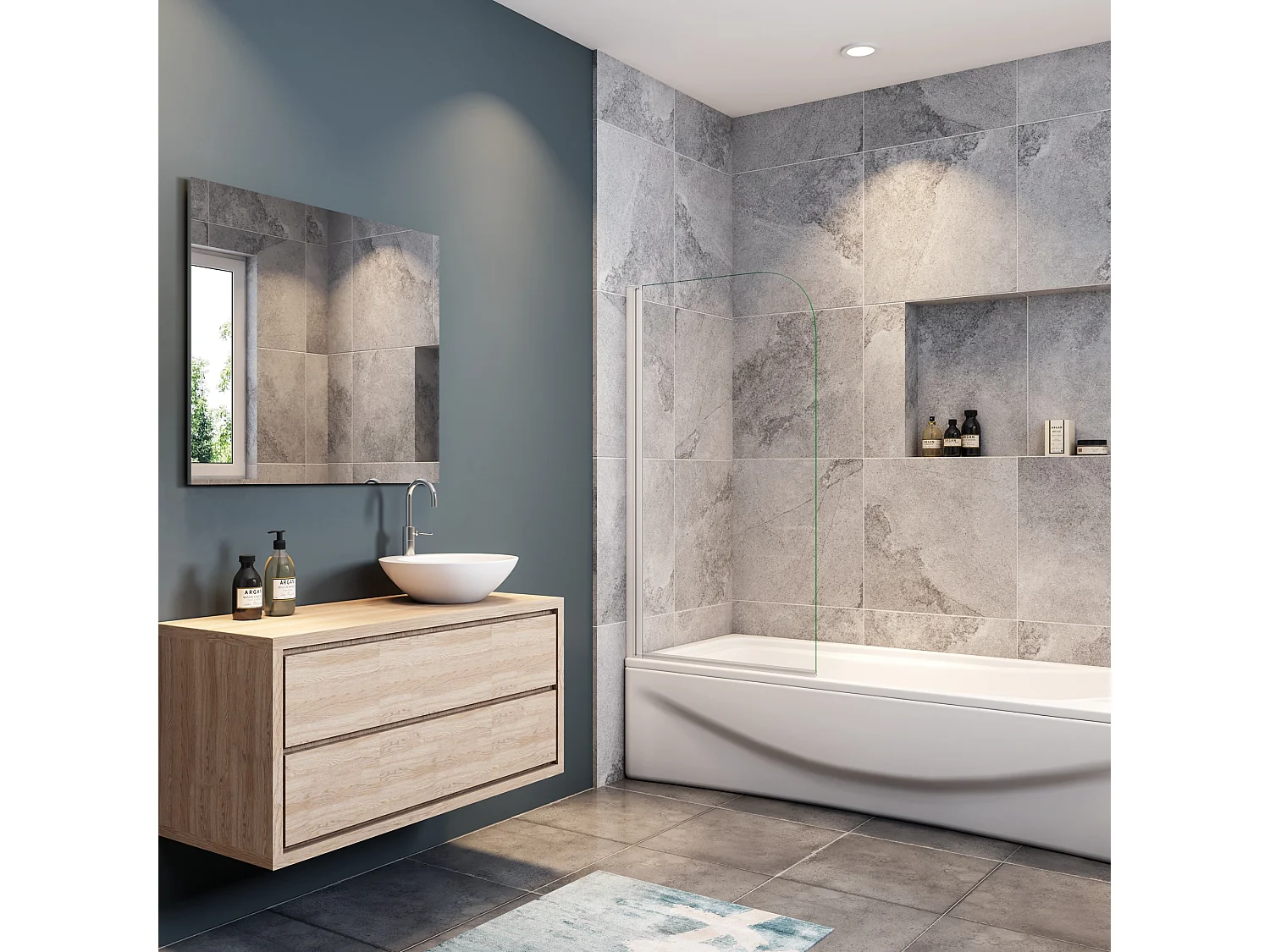 Mampara de bañera con perfil gris mate abatible 1 hoja pivotante cristal templado 5mm-(780-800)x1400mm