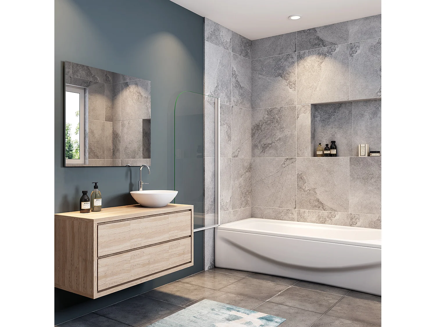 Mampara de bañera con perfil gris mate abatible 1 hoja pivotante cristal templado 5mm-(780-800)x1400mm