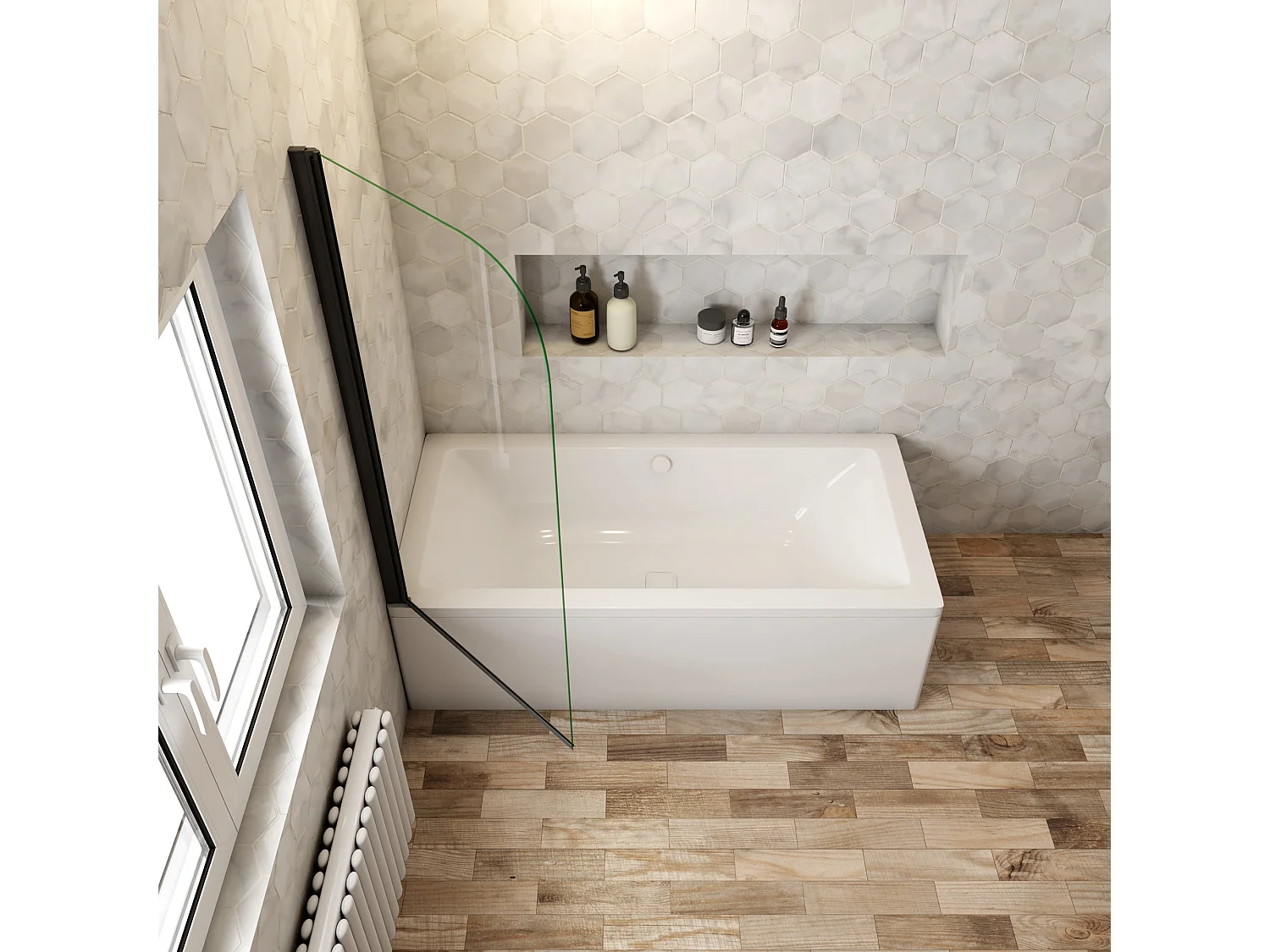 Mampara de bañera con perfil negro mate abatible 1 hoja pivotante cristal templado 5mm (780-800)x1400mm