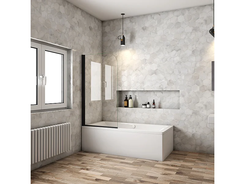 Mampara de bañera con perfil negro mate abatible 1 hoja pivotante cristal templado 5mm (780-800)x1400mm