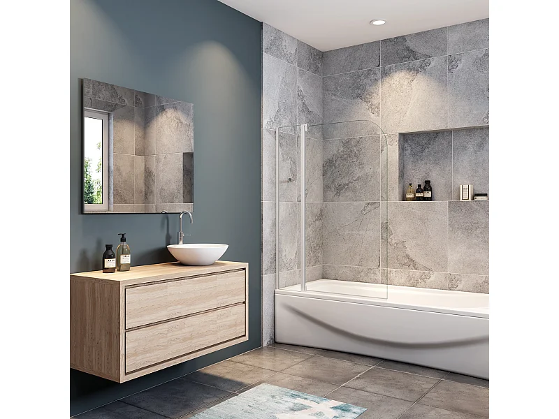 Mampara de bañera abatible-cristal templado 4mm con perfil gris mate-(990-1000)x1400mm