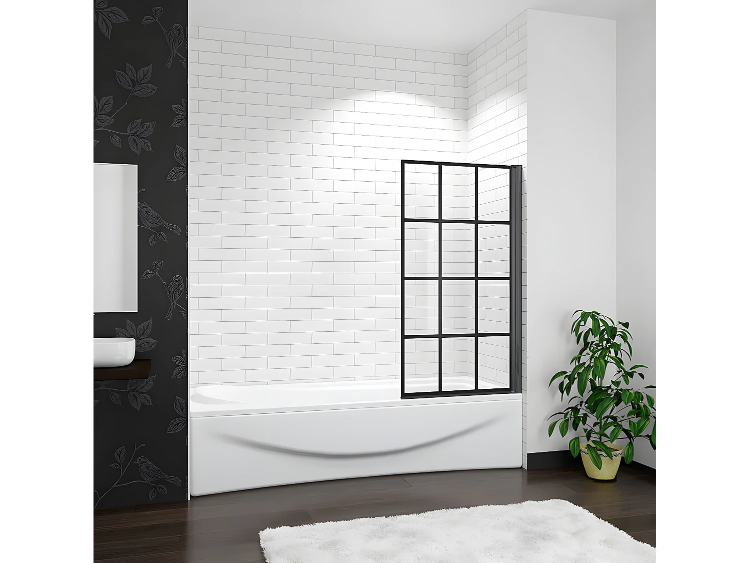 Mampara de bañera serigrafiada de celosía cuadrada con perfil negro mate abatible 1 hoja cristal templado 6mm (780-800)x1400mm
