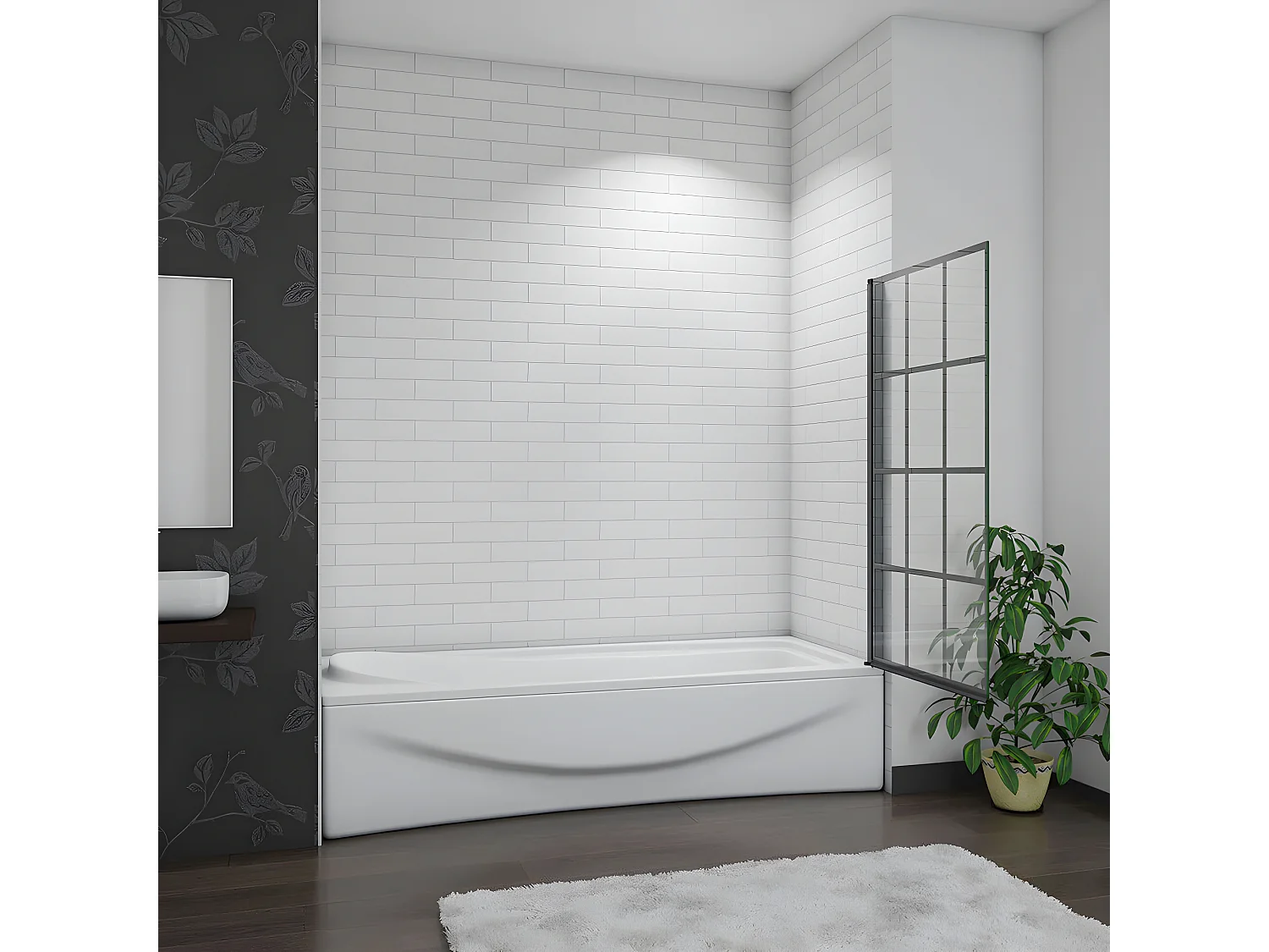 Mampara de bañera serigrafiada de celosía cuadrada con perfil negro mate abatible 1 hoja cristal templado 6mm (780-800)x1400mm