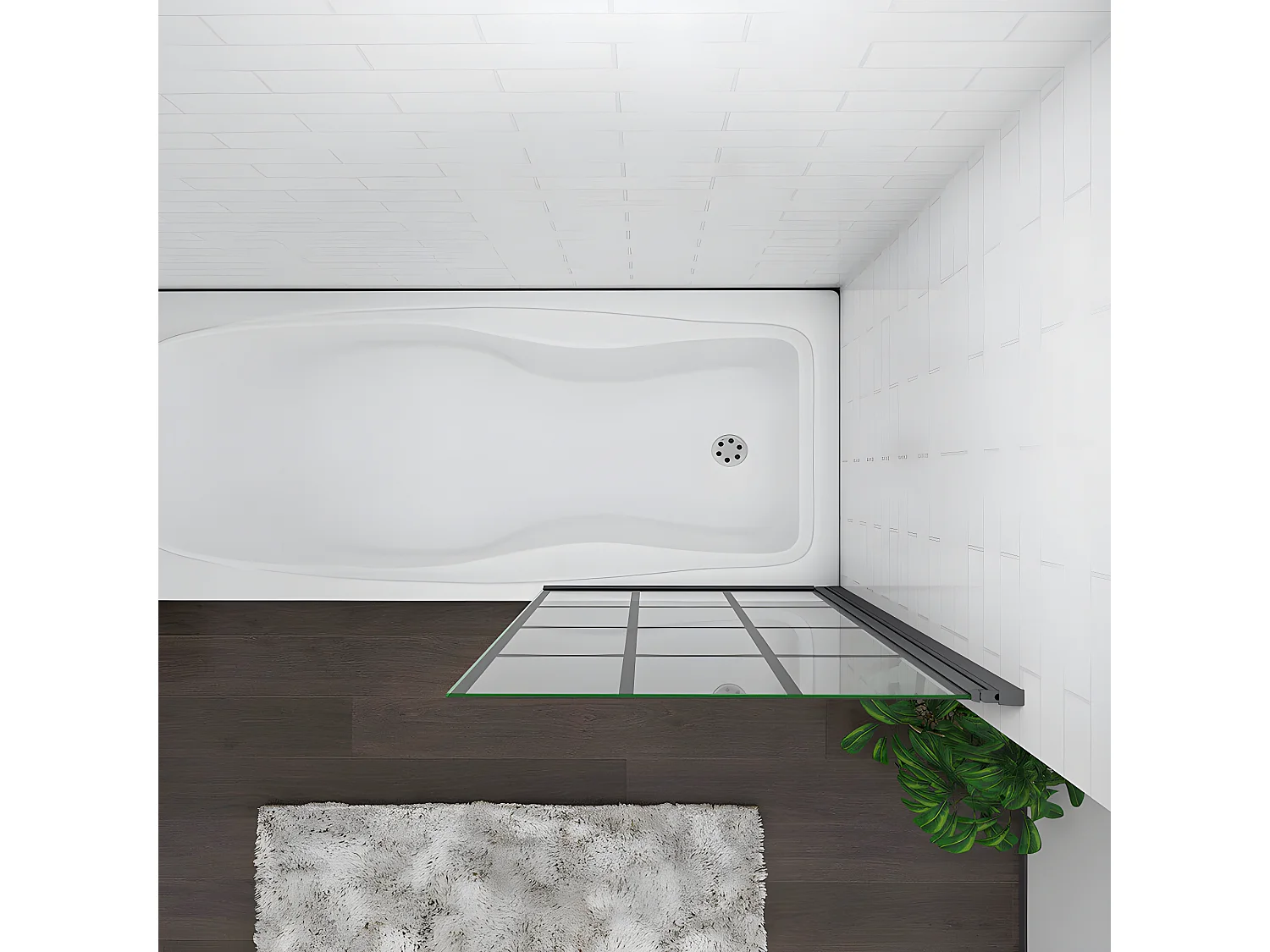 Mampara de bañera serigrafiada de celosía cuadrada con perfil negro mate abatible 1 hoja cristal templado 6mm (780-800)x1400mm