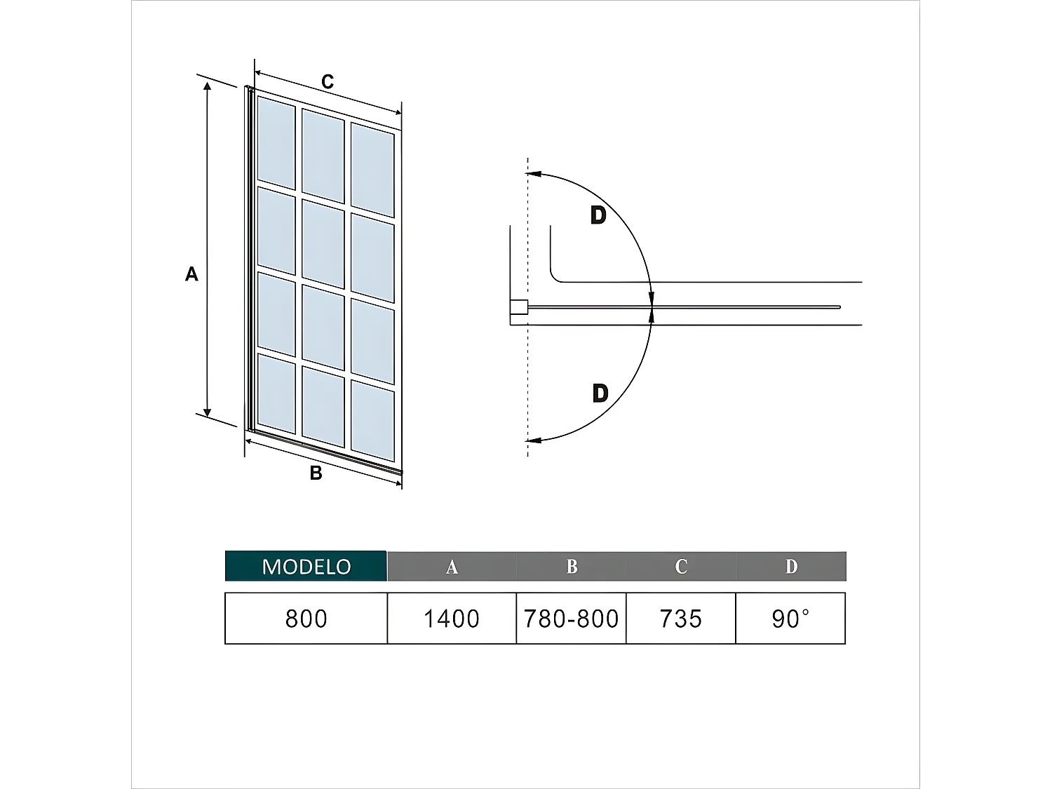 Mampara de bañera serigrafiada de celosía cuadrada con perfil negro mate abatible 1 hoja cristal templado 6mm (780-800)x1400mm