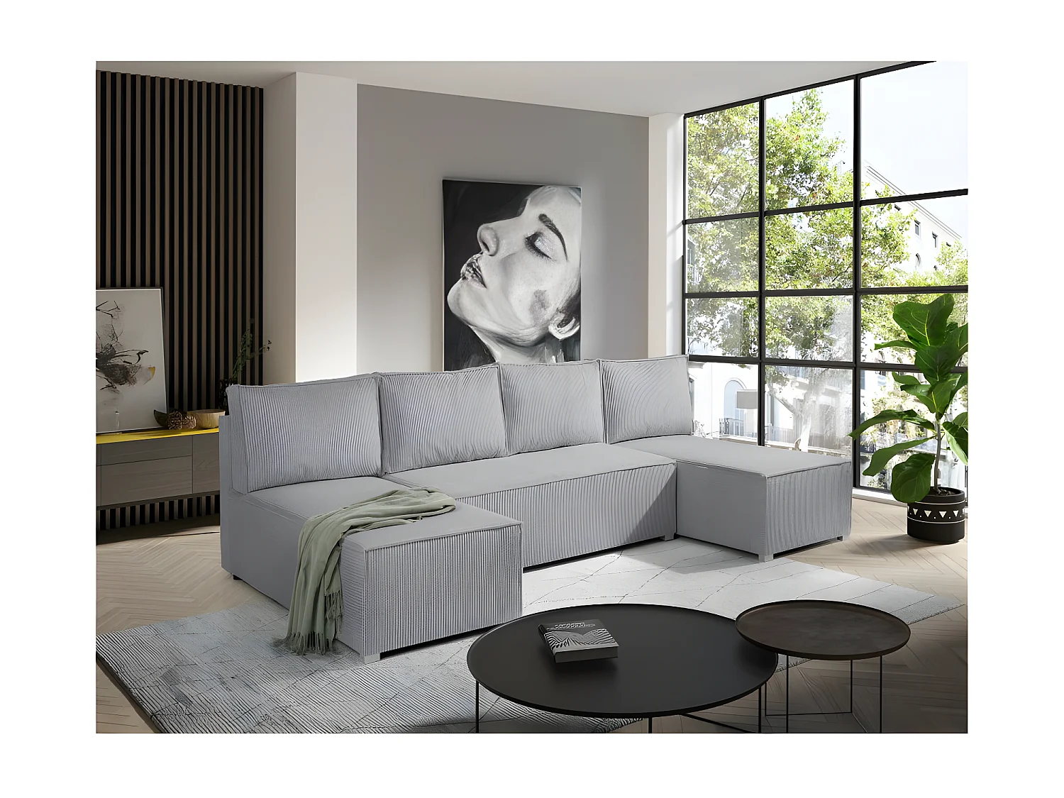 Canapé panoramique convertible ANALI en velours côtelé