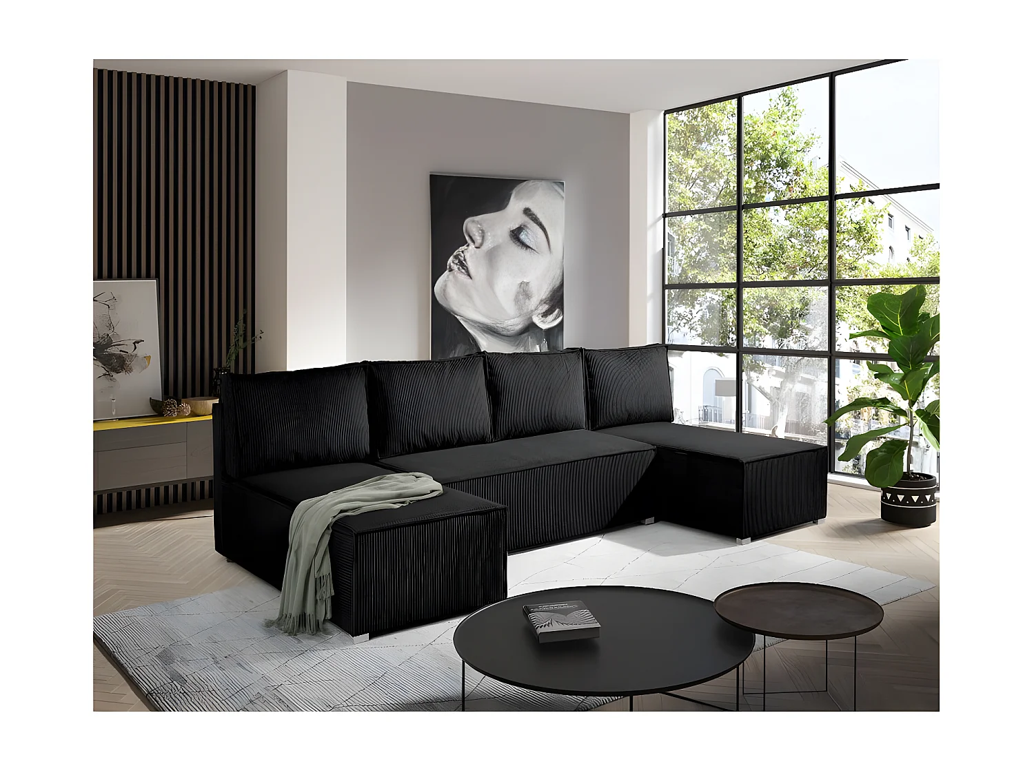 Canapé panoramique convertible ANALI en velours côtelé noir