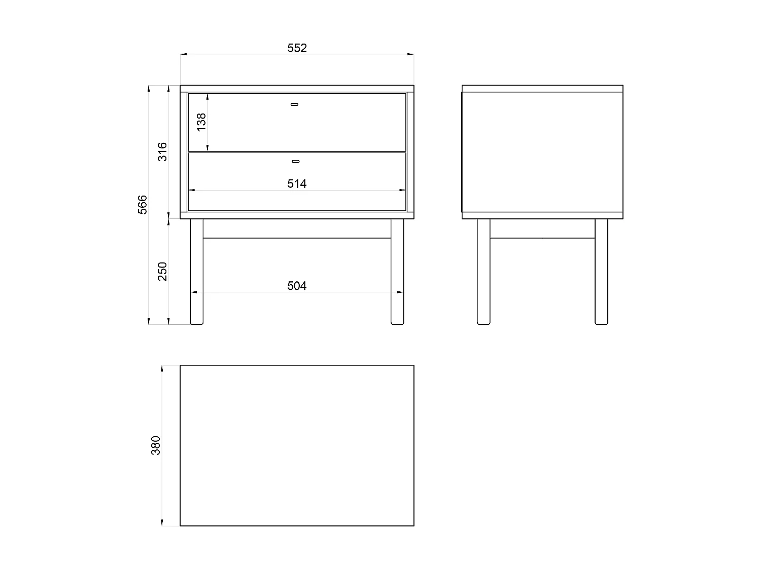 Nachttisch mit 2 Schubladen - Holzoptik Esche Portland Schwarz - 55 cm - OLAR