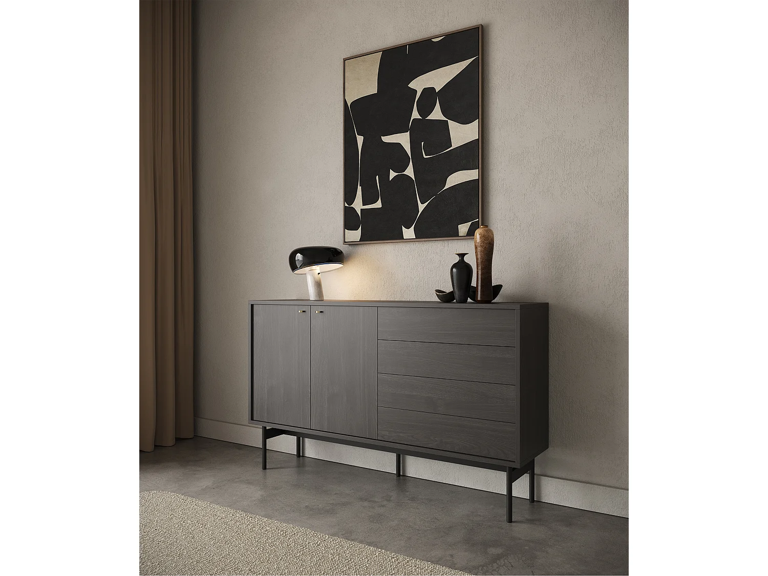 Ladekast met twee deuren en vier laden - 154 cm - Kleur Portland essenhout - OLAR