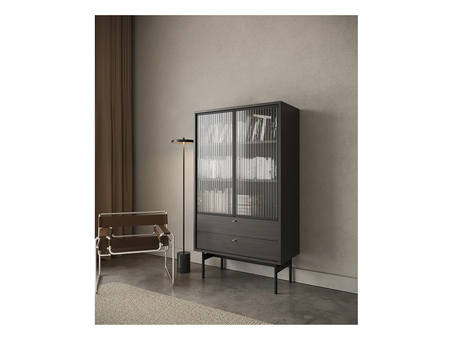 Vitrine basse - 85cm - avec deux tiroirs - couleur du bois de frêne Portland - OLAR