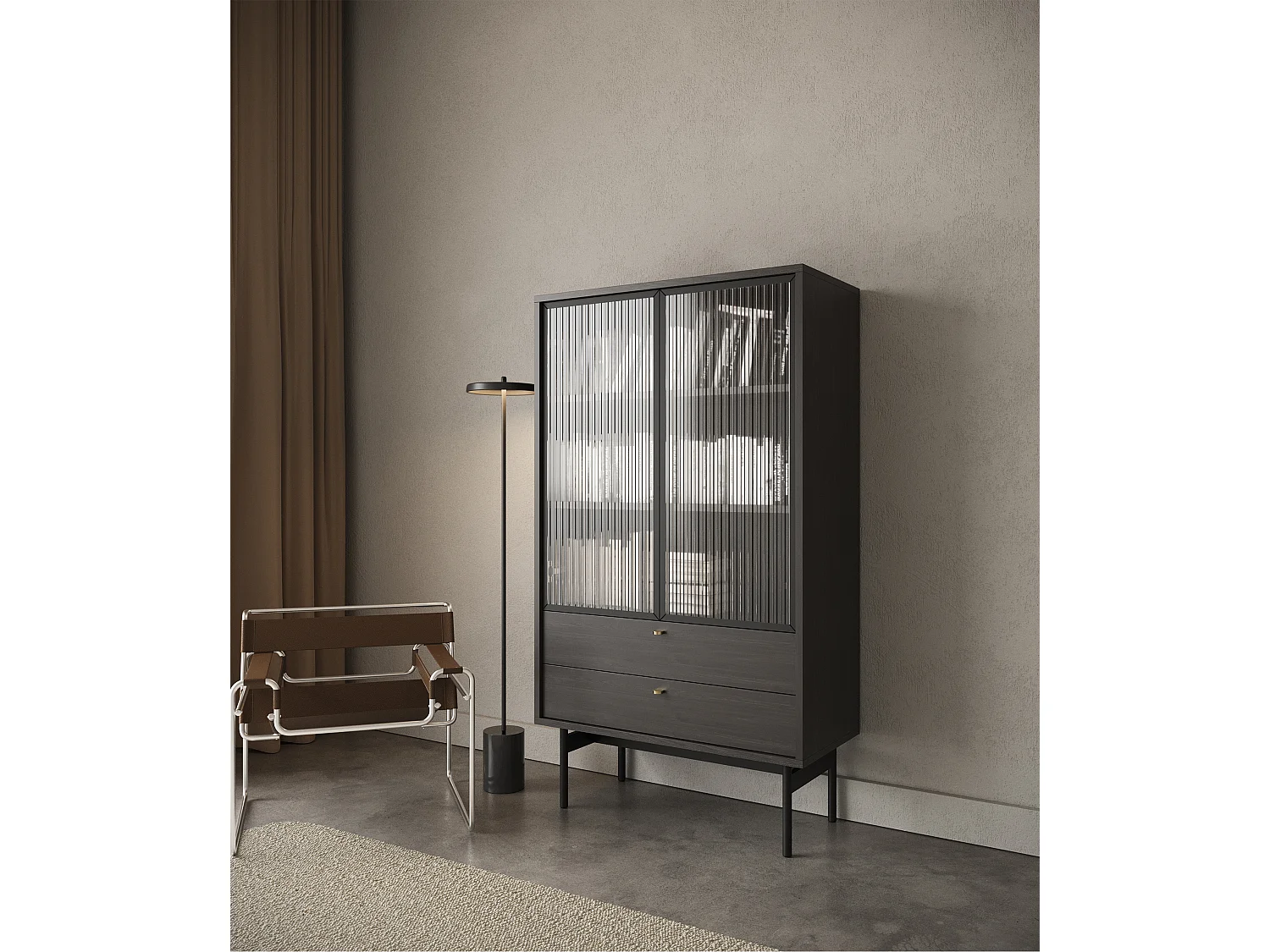 Vitrine basse - 85cm - avec deux tiroirs - couleur du bois de frêne Portland - OLAR