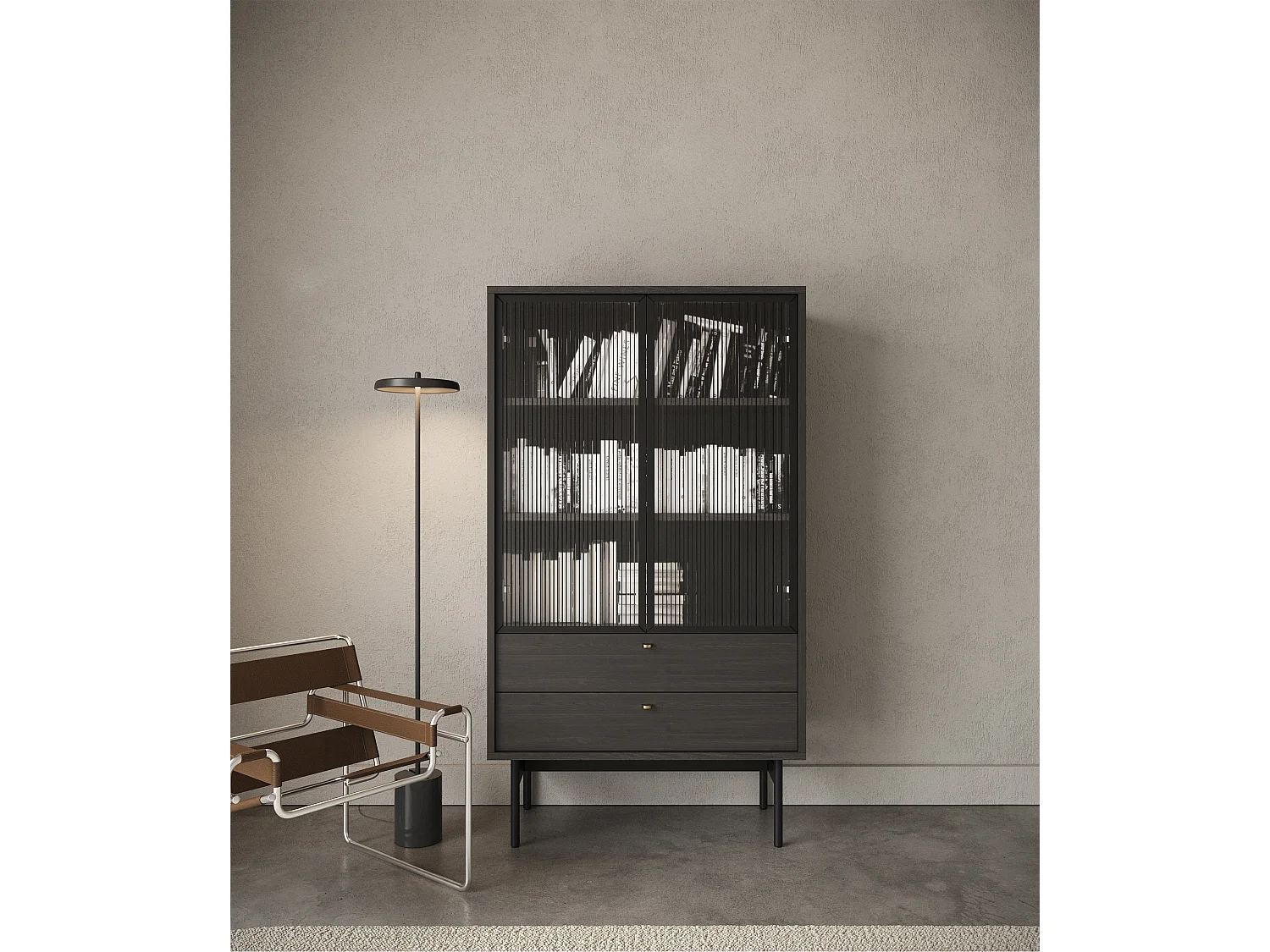 Vitrine basse - 85cm - avec deux tiroirs - couleur du bois de frêne Portland - OLAR