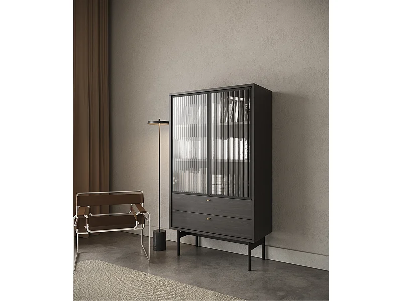 Vitrine mit 2 Regalböden - Holzoptik Esche Portland Schwarz - 85 cm - OLAR