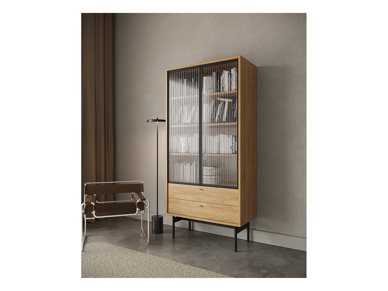 Vitrine haute - 85cm - avec deux tiroirs - couleur du bois de caryer - OLAR