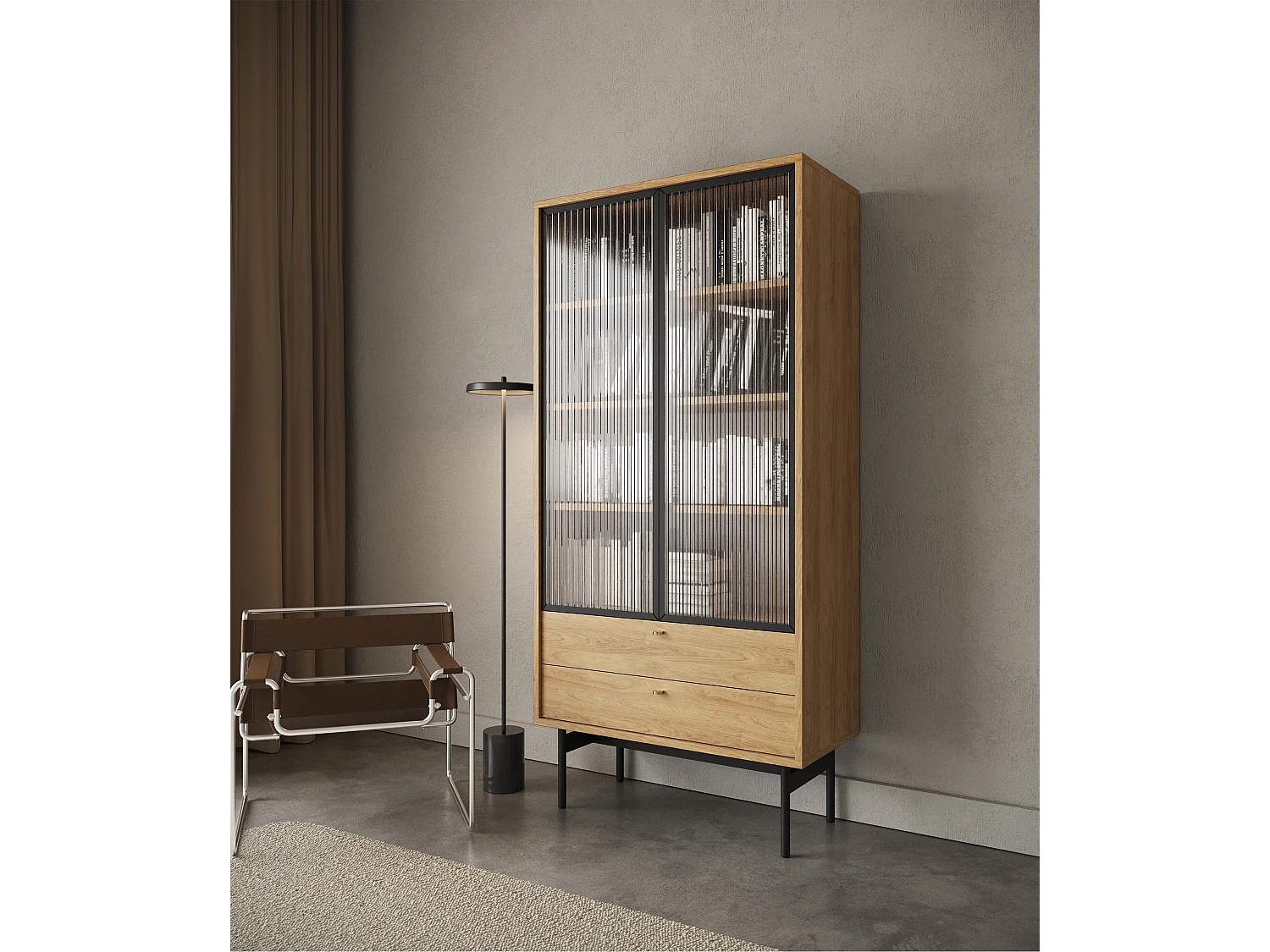 Vitrine haute - 85cm - avec deux tiroirs - couleur du bois de caryer - OLAR