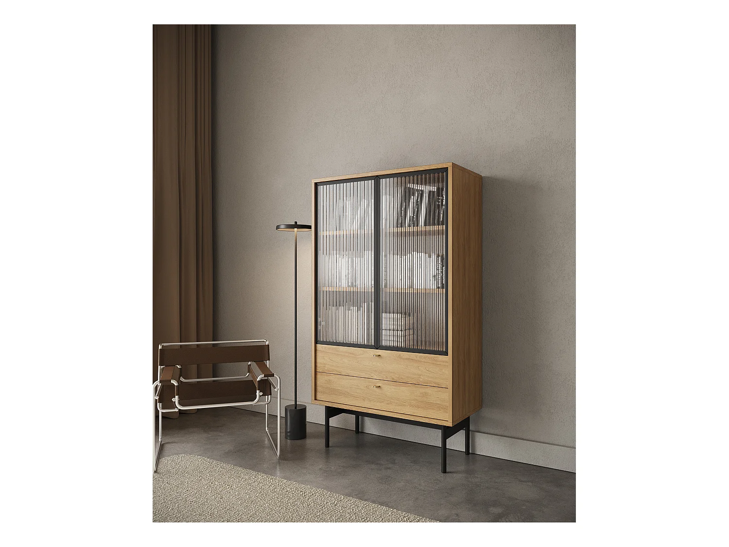 Vitrine basse - 85cm - avec deux tiroirs - couleur du bois de caryer - OLAR