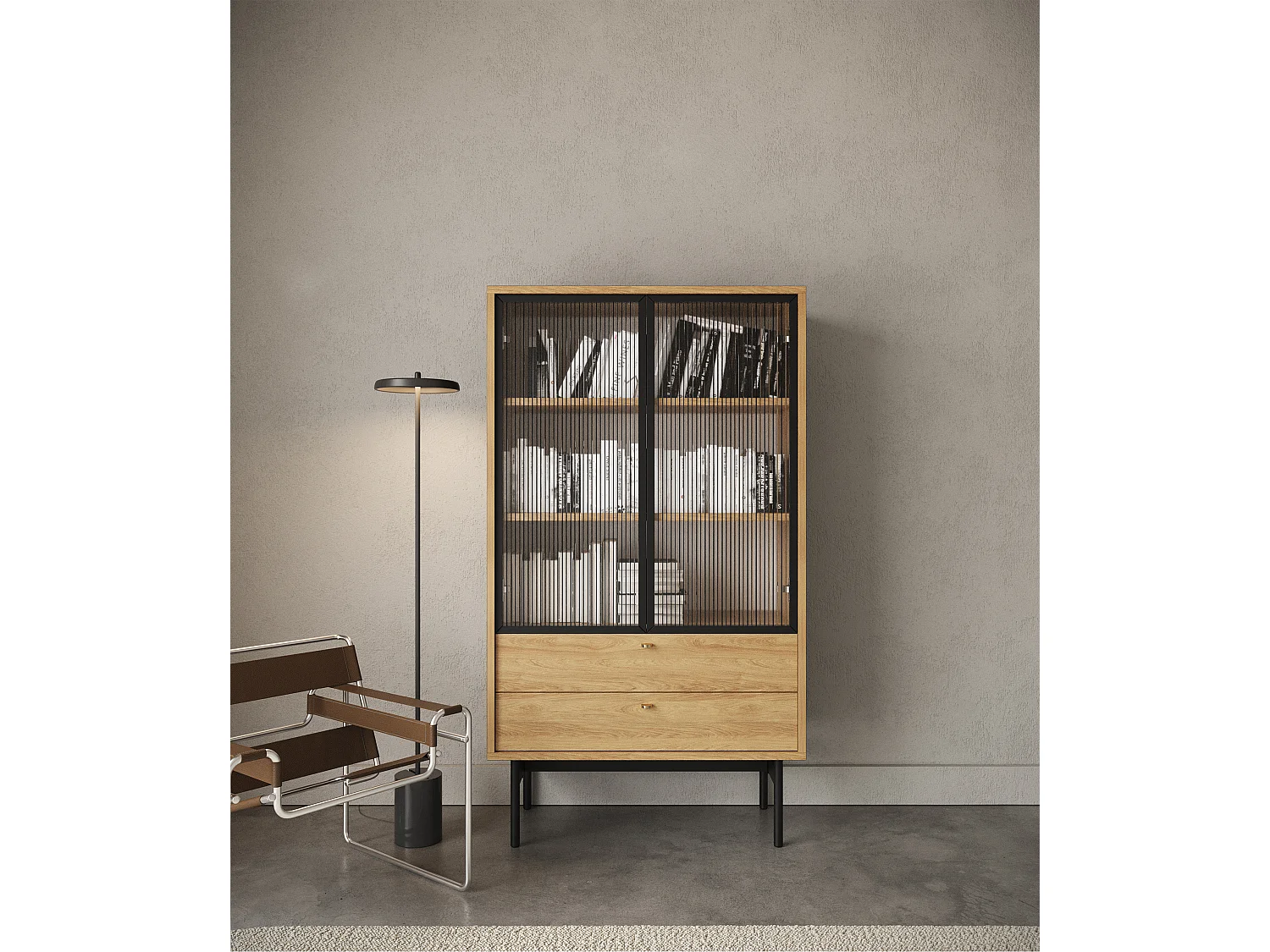 Vitrine basse - 85cm - avec deux tiroirs - couleur du bois de caryer - OLAR