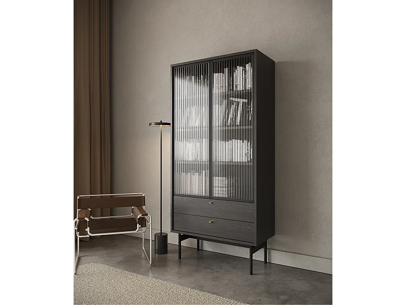 Vitrine haute - 85cm - avec deux tiroirs - couleur du bois de frêne Portland - OLAR