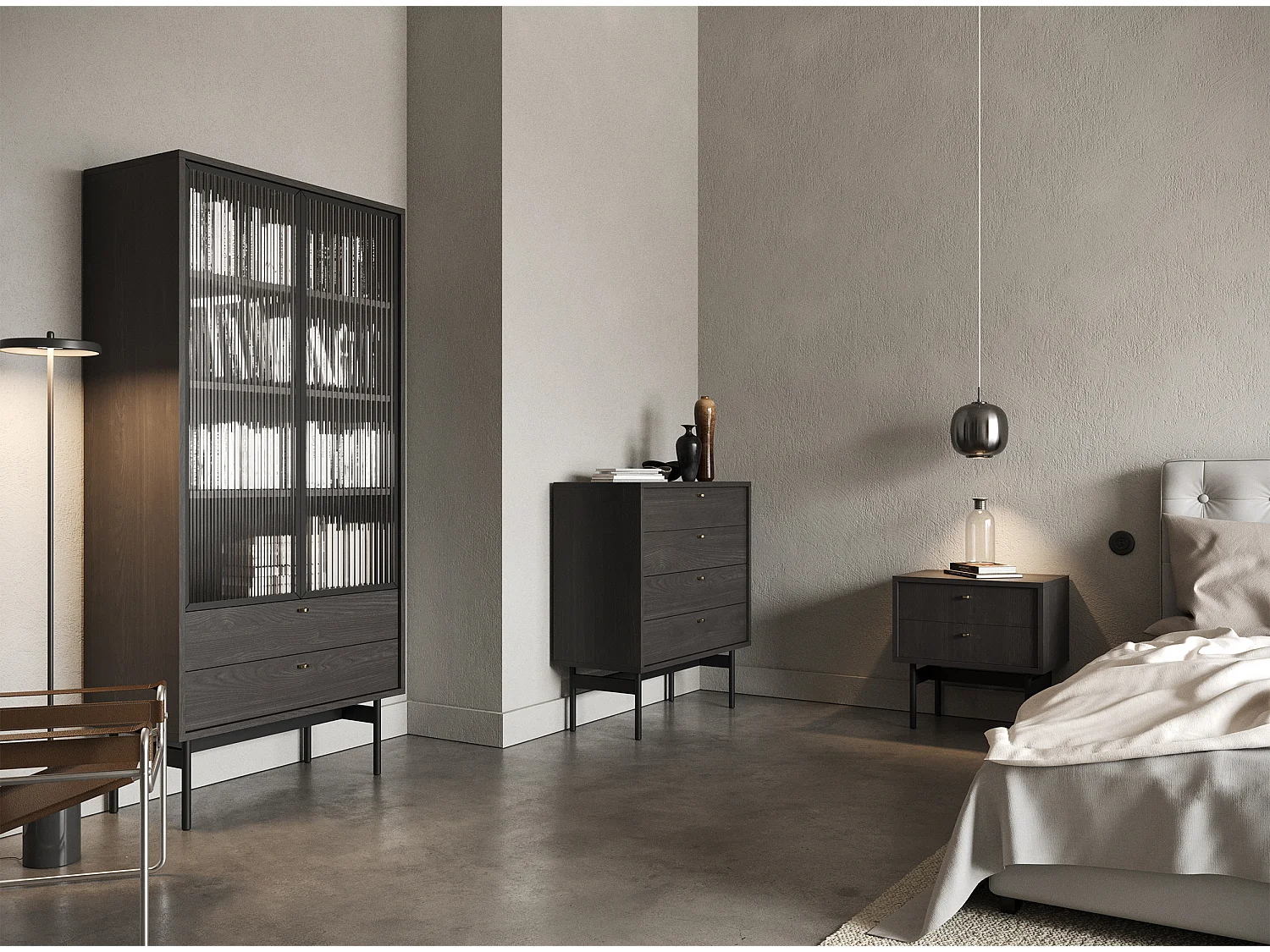 Vitrine haute - 85cm - avec deux tiroirs - couleur du bois de frêne Portland - OLAR