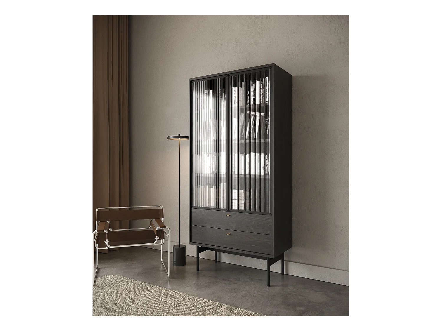 Vitrine haute - 85cm - avec deux tiroirs - couleur du bois de frêne Portland - OLAR