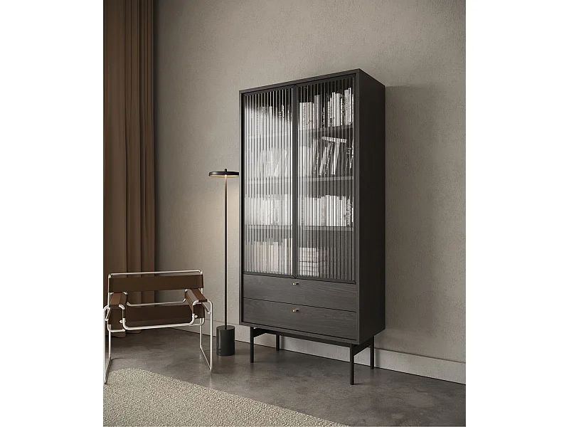 Hoge vitrinekast - 85cm - met twee laden - kleur Portland essenhout - OLAR